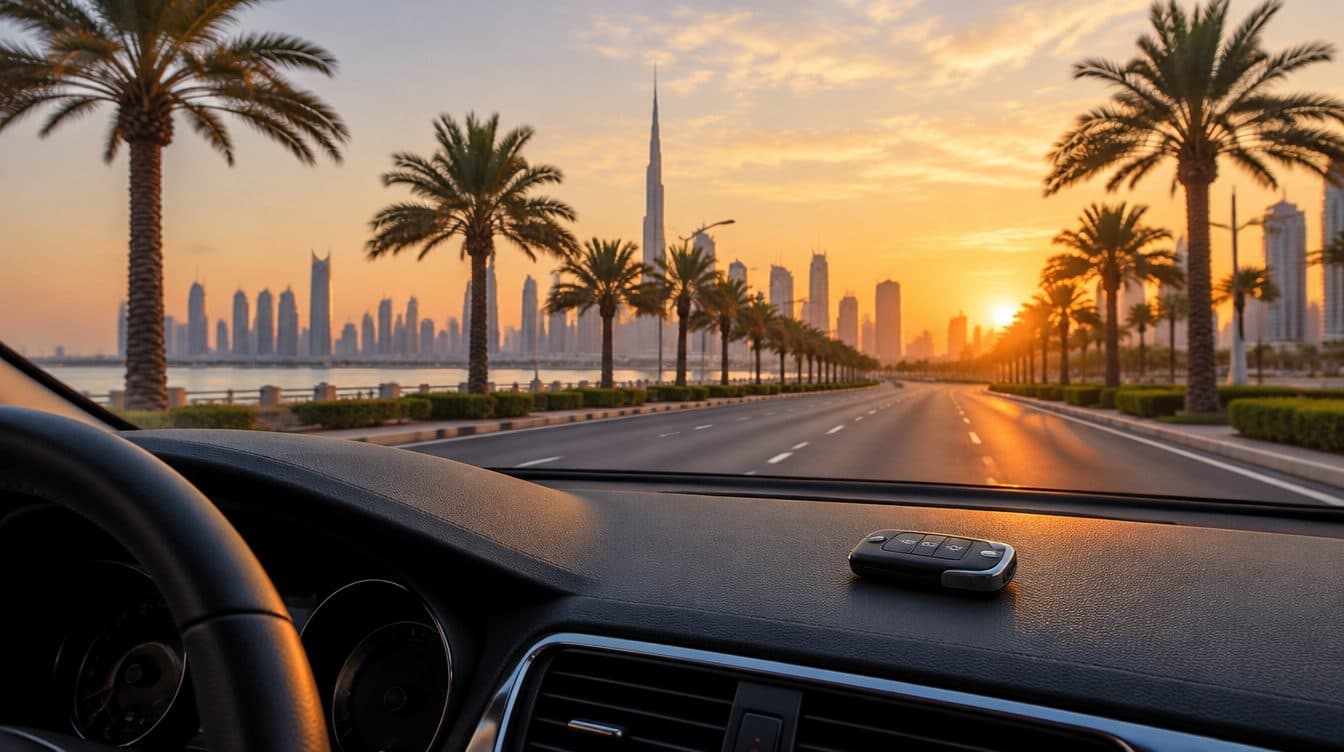 Une clé de voiture, un passeport et un permis de conduire international sur un comptoir de location à Dubai