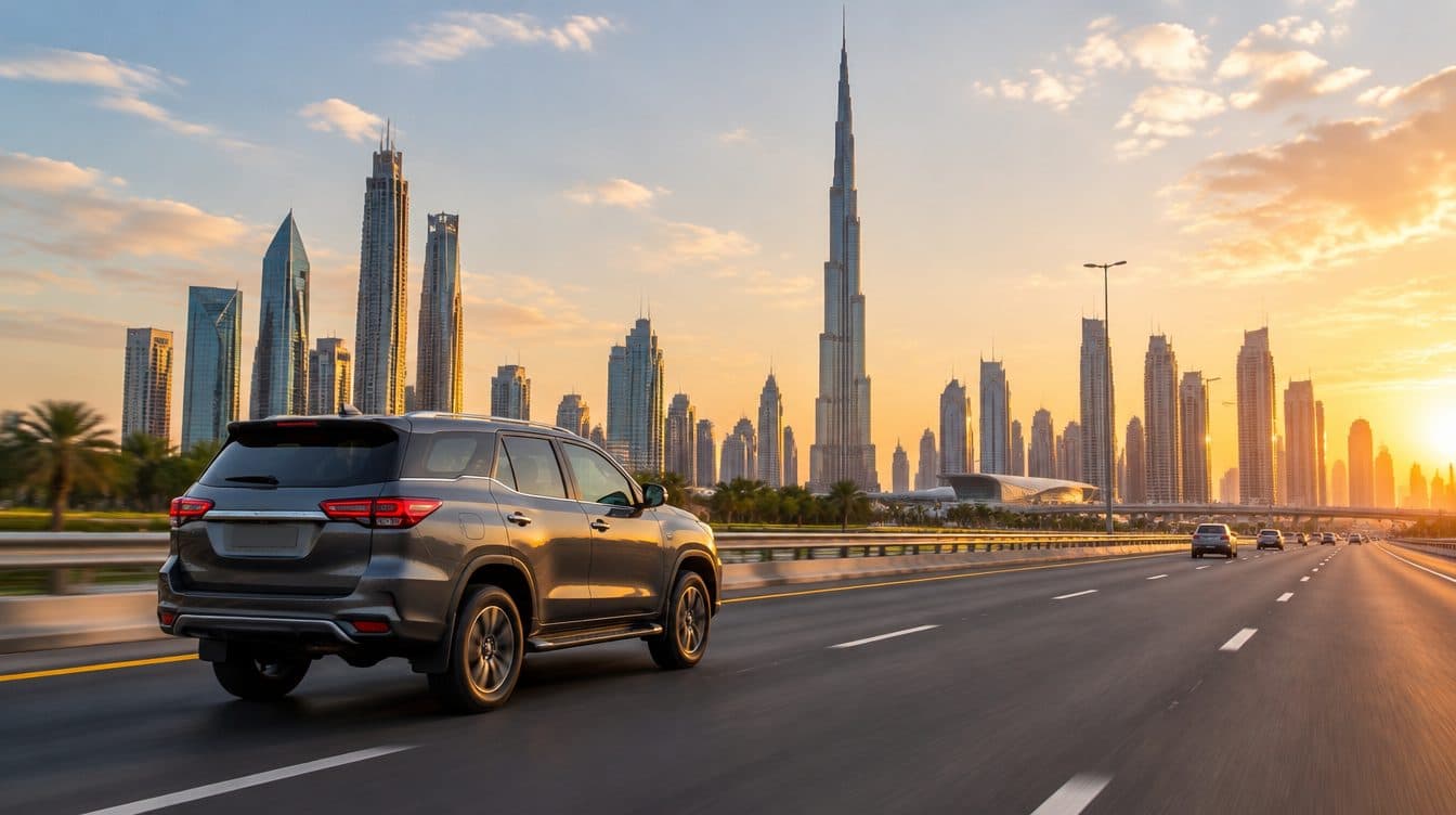 Ein US-Führerschein, ein Reisepass und ein Mietwagenschlüssel auf einem Tisch, dahinter die Skyline von Dubai