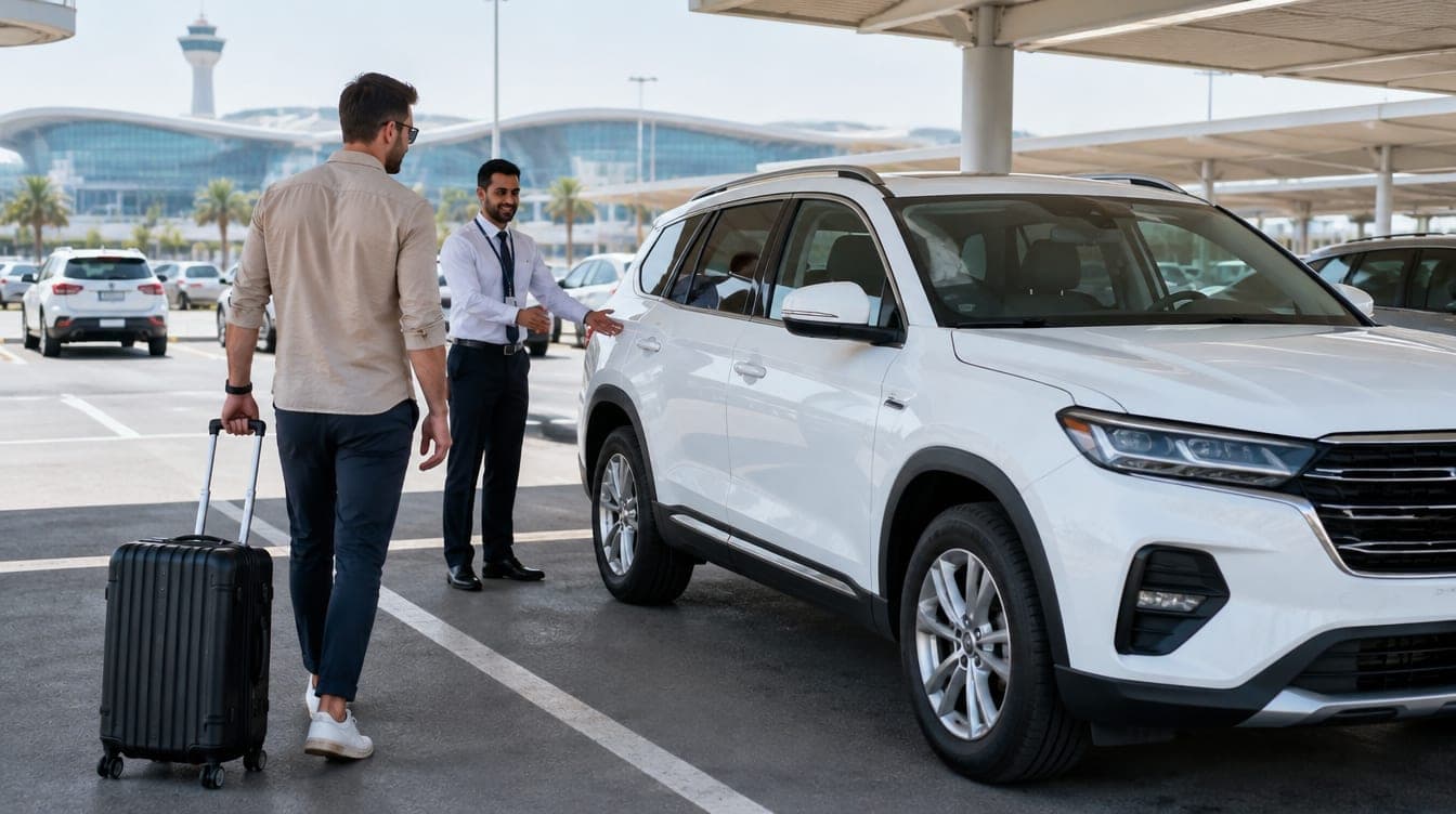 مسافر مع حقيبة سفر يستلم سيارة دفع رباعي (SUV) مستأجرة من موظف في مطار دبي