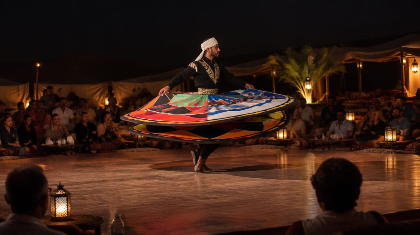 A Tanoura dancer spinning in a lit, colourful skirt on a stage at a desert camp at night
