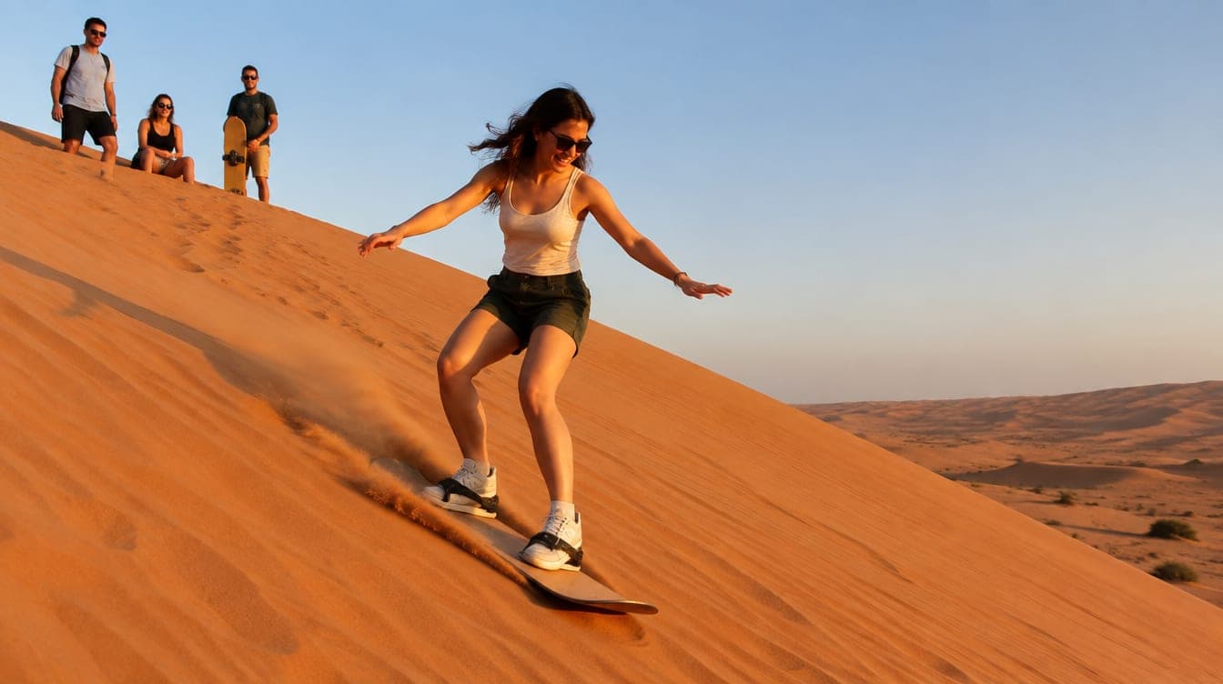 A woman sandboarding down a steep red dune while friends watch from the top