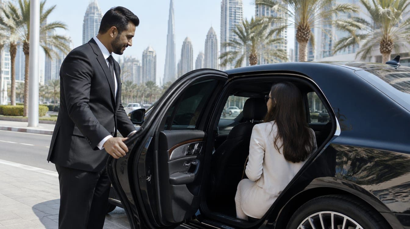 Ein Chauffeur im Anzug hält einem Fahrgast in Dubai die Tür eines Luxusautos auf