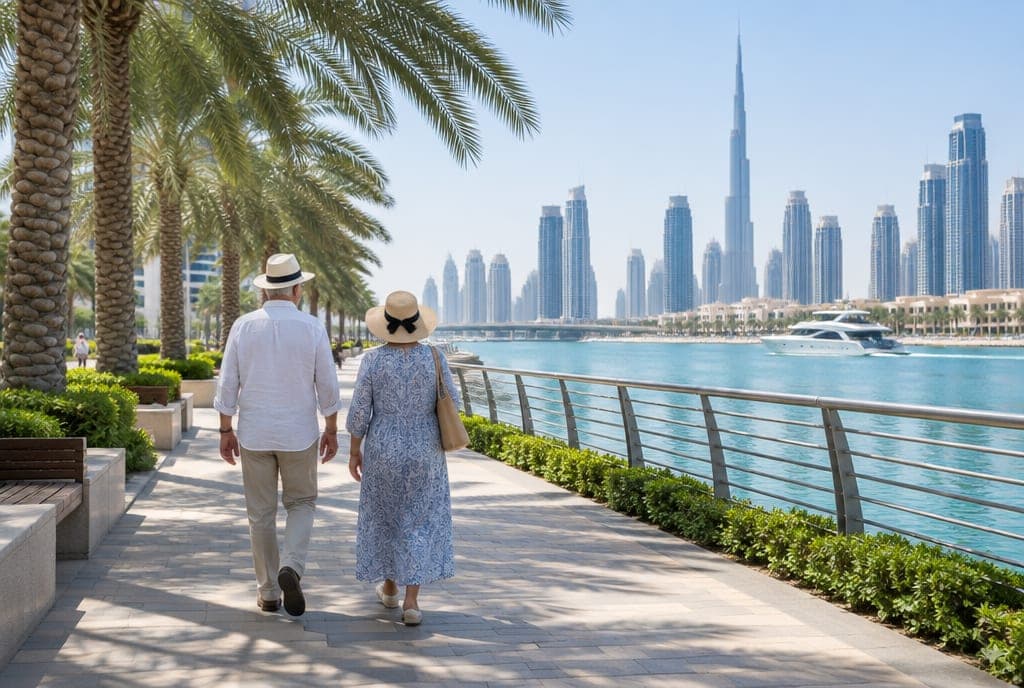 زوجان مسنّان يمشيان بإيقاع مريح على طول واجهة مائية مظلّلة في دبي.