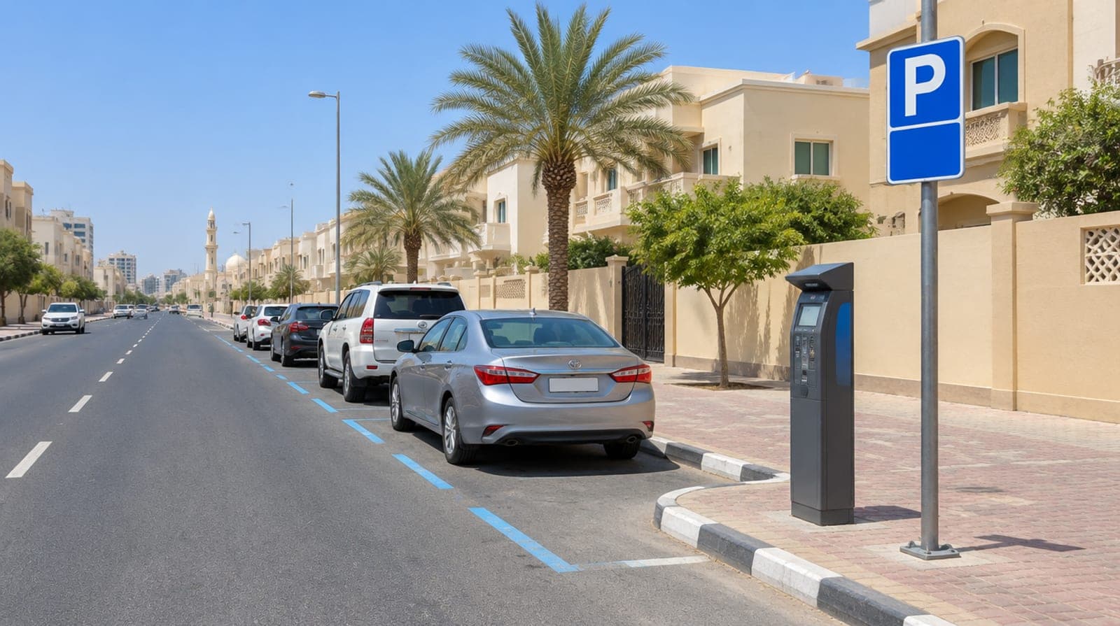 Des voitures garées le long d'un emplacement de stationnement payant délimité dans une rue de Sharjah
