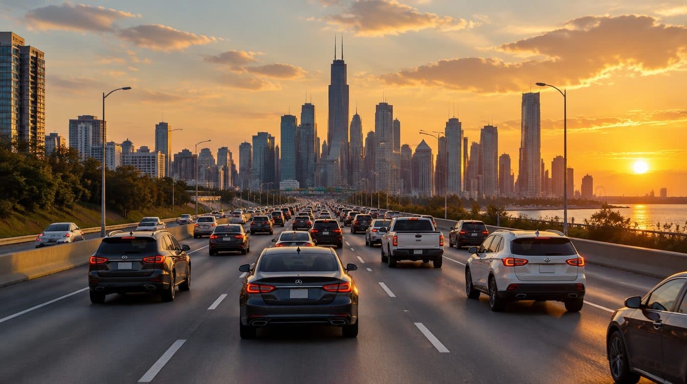Alacakaranlıkta Sharjah'tan Dubai Marina'nın yüksek binalı silüetine doğru uzanan çok şeritli bir yol
