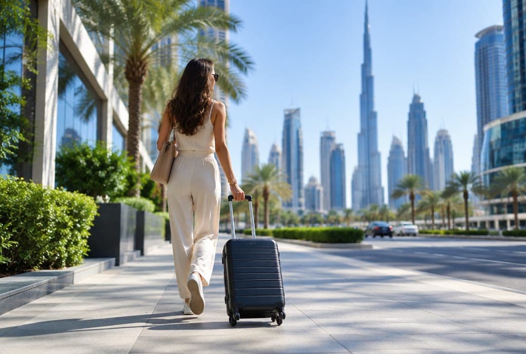 Eine allein reisende Frau mit einem kleinen Koffer auf einer sauberen Straße in Dubai bei Tag