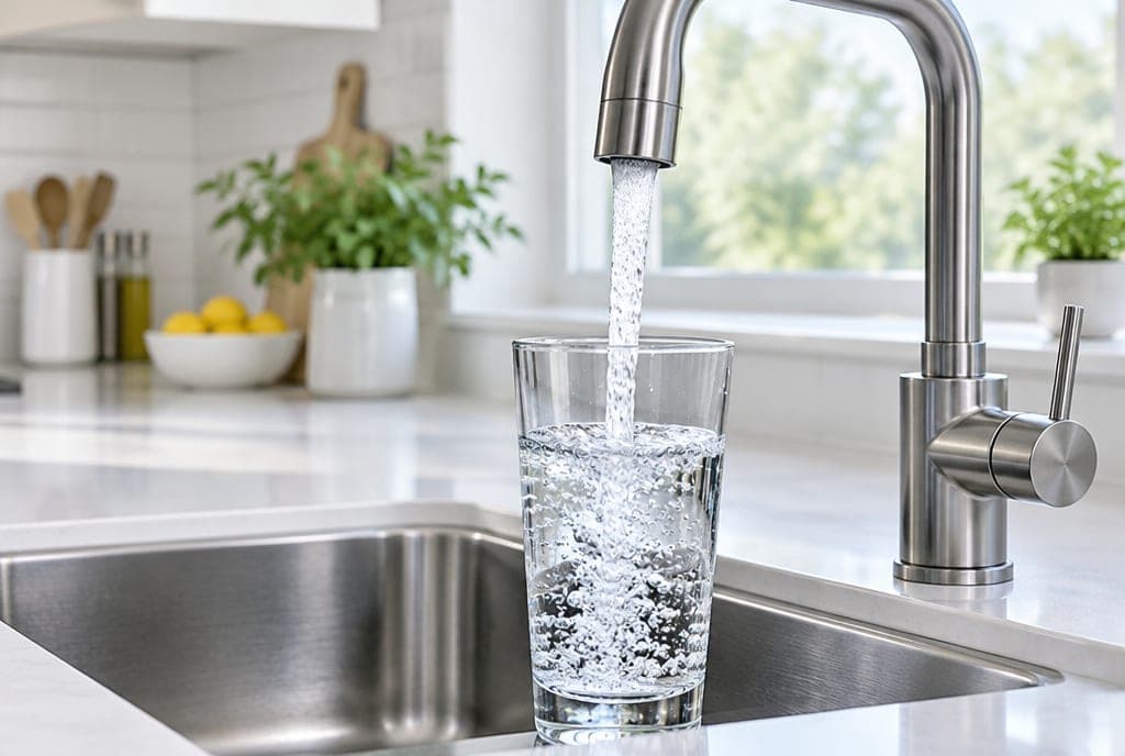 A glass of water being filled from a modern kitchen tap.