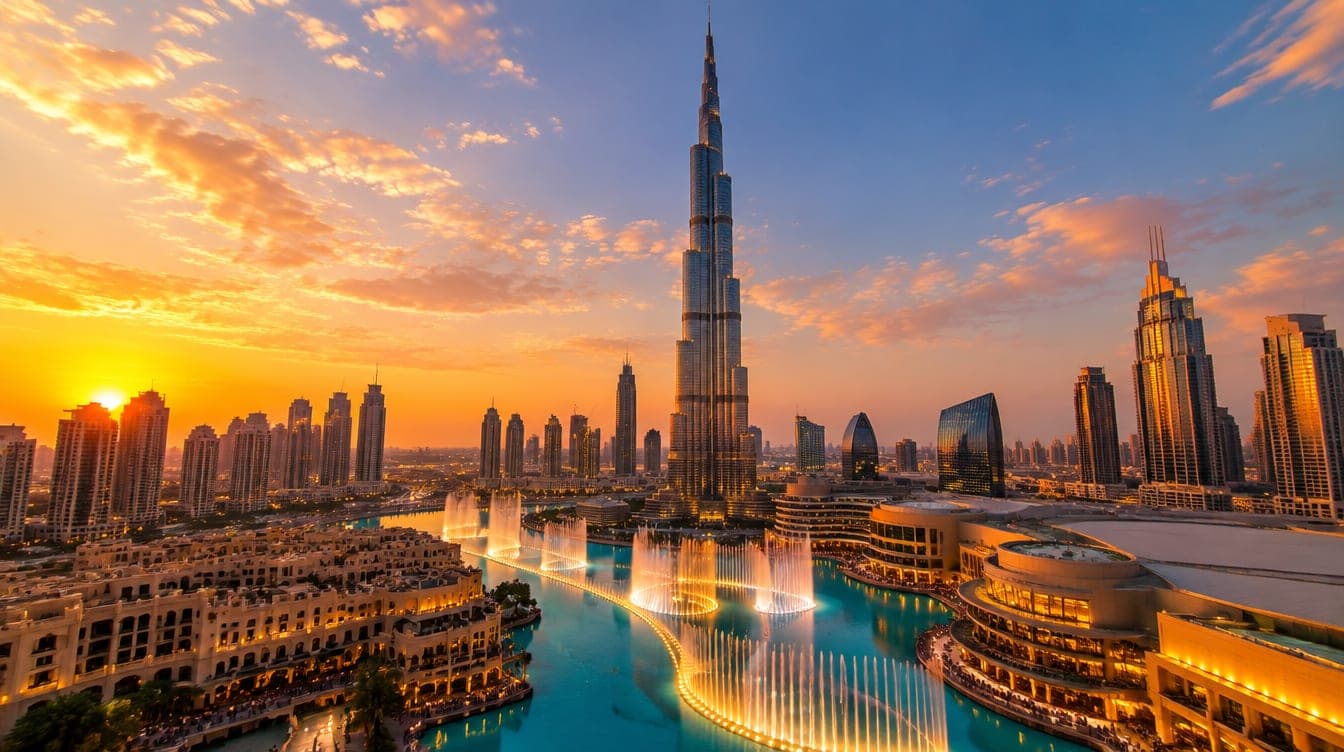 Downtown Dubai üzerinde gün batımında aydınlanan Burj Khalifa ve Dubai Fountain