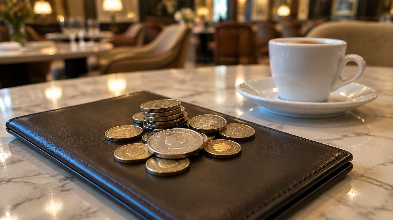 Des pièces laissées en pourboire sur un porte-addition à côté d'une tasse de café dans un restaurant de Dubai