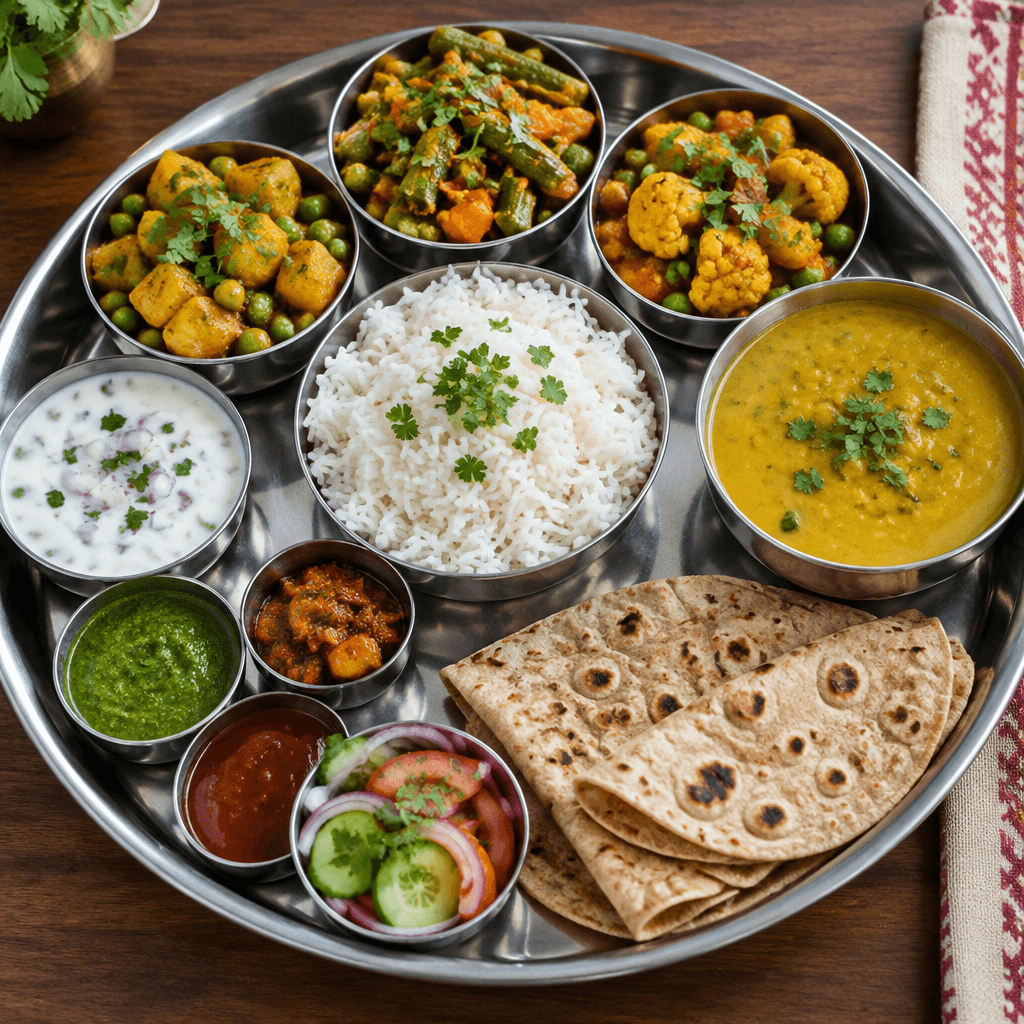 طبق thali هندي نباتي على طاولة مطعم، مع أوعية فولاذية صغيرة من dal والخضروات، والأرز والخبز المسطح وصلصات chutney