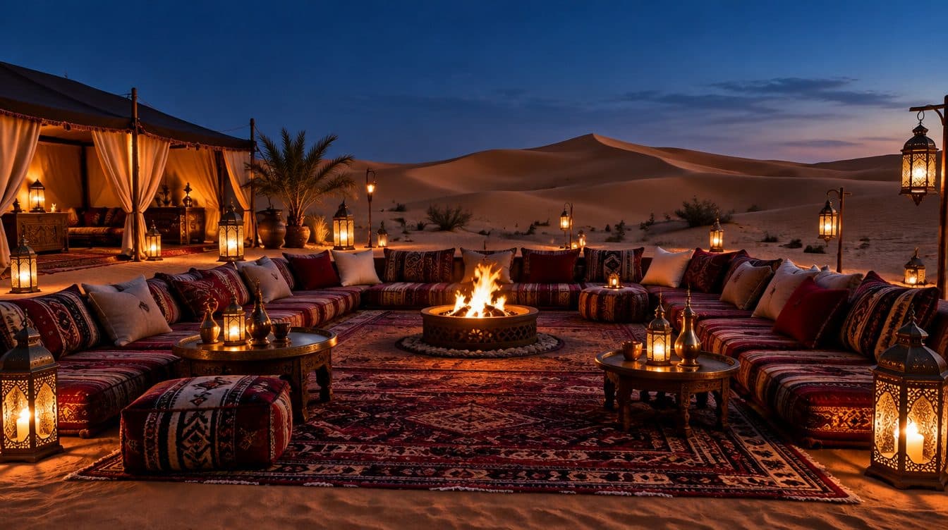Asientos majlis bajos con cojines y faroles en un tranquilo campamento del desierto cerca de Dubái al anochecer, con dunas rojas al fondo