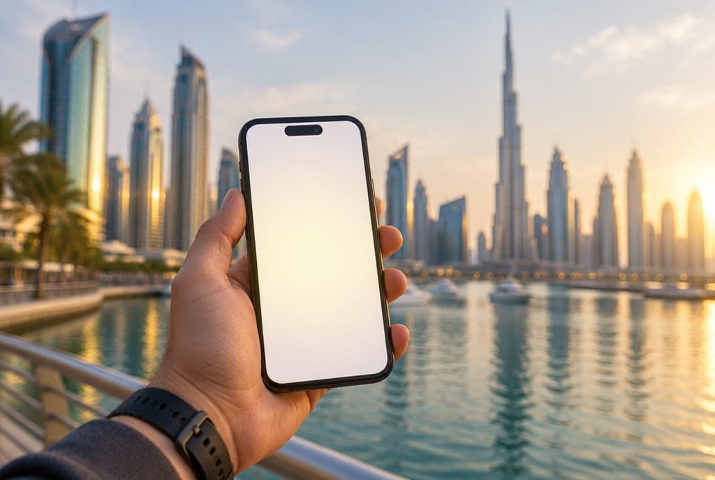 A traveller holding a phone with a messaging app open, the Dubai skyline behind them.