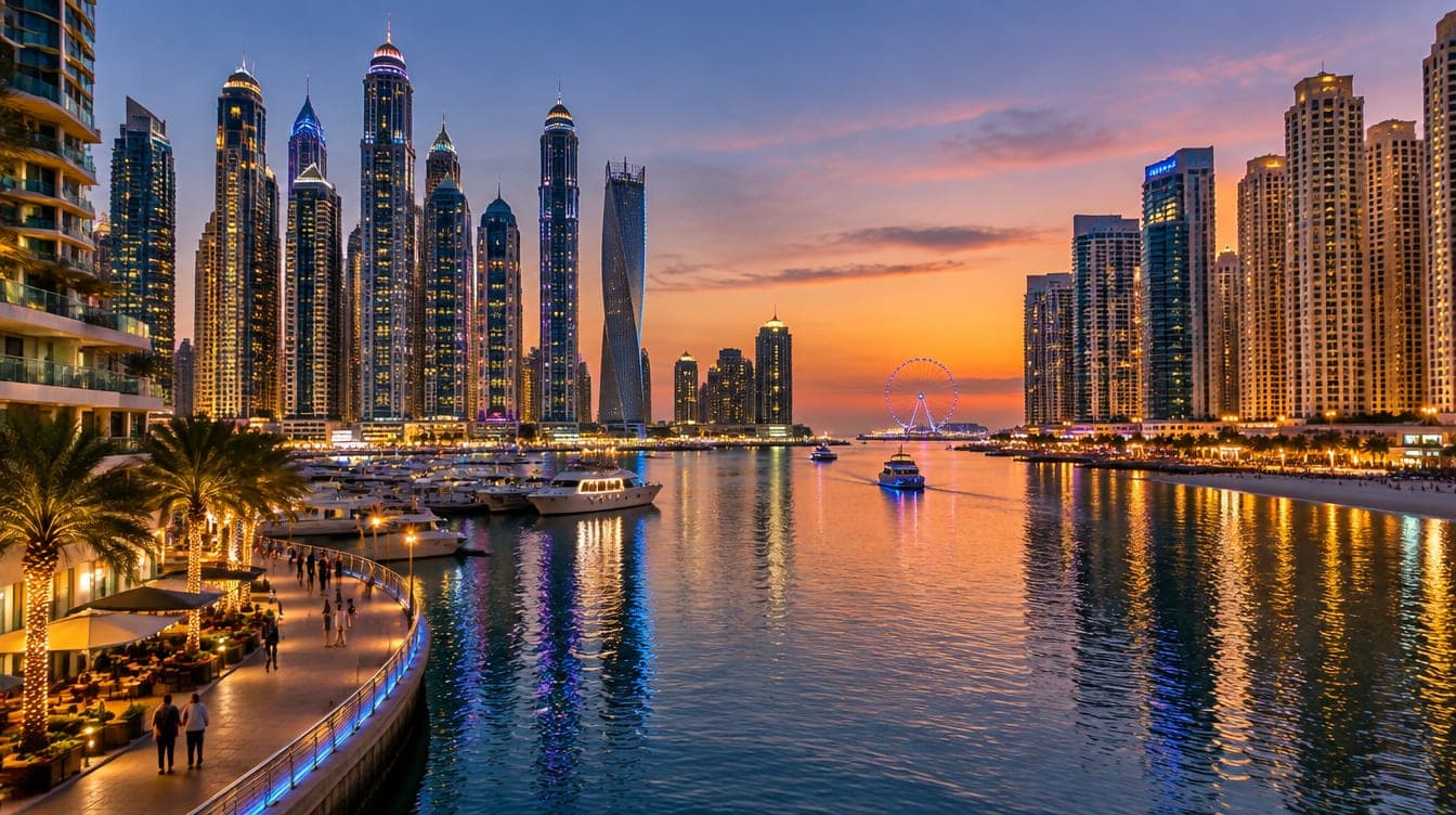Отели у воды в Дубай-Марине и на JBR в сумерках
