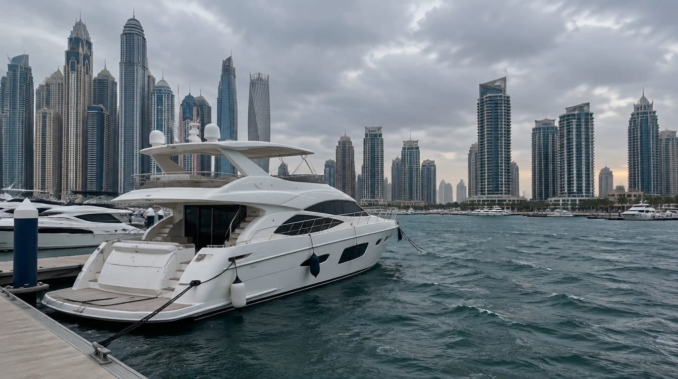 يخت أبيض بمحرك راسٍ عند رصيف مارينا في دبي تحت غيوم رمادية كثيفة، مع مياه مضطربة وأبراج في الخلفية
