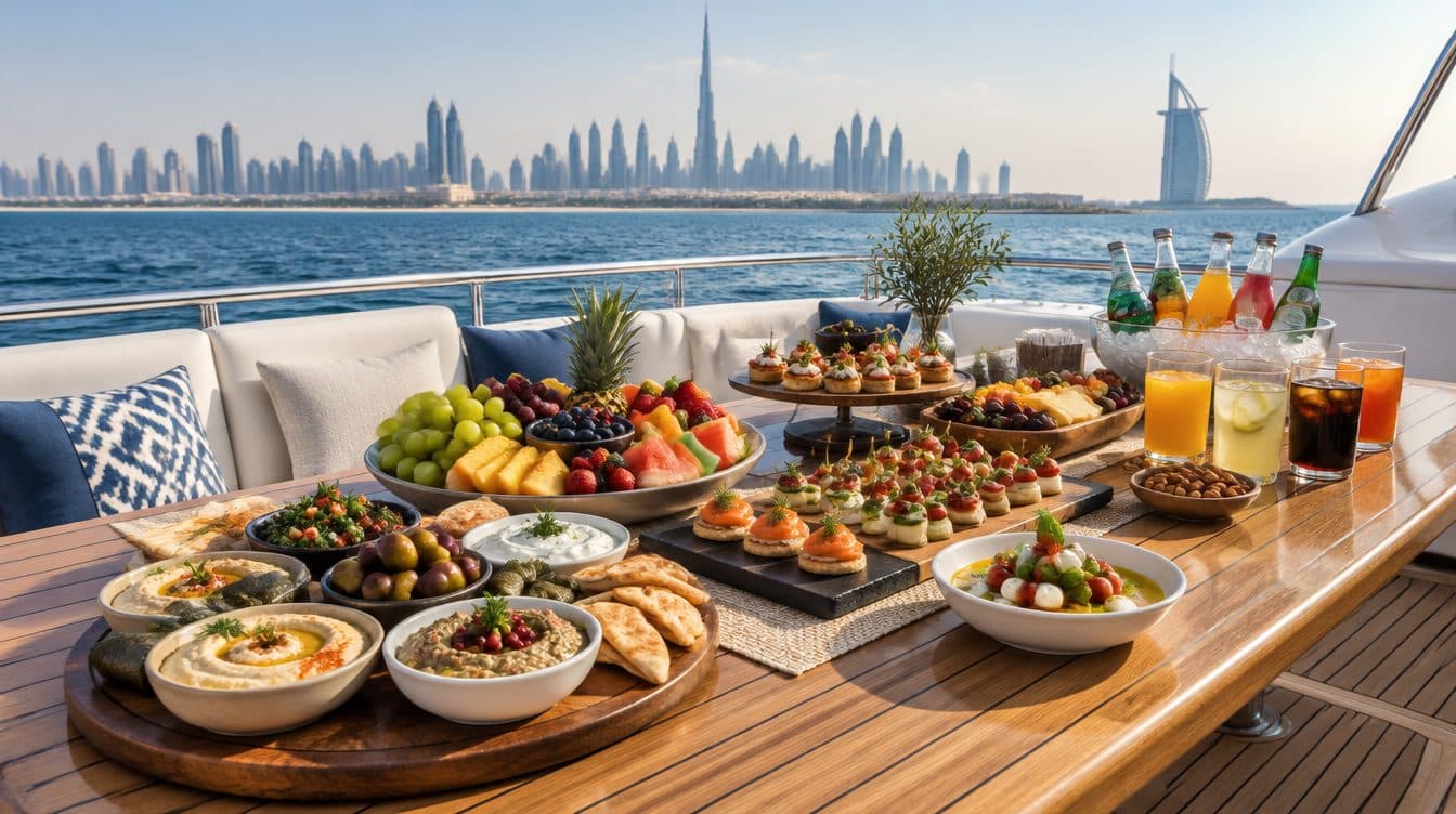 Essen und Softdrinks auf einem Tisch an Deck einer Charteryacht in Dubai