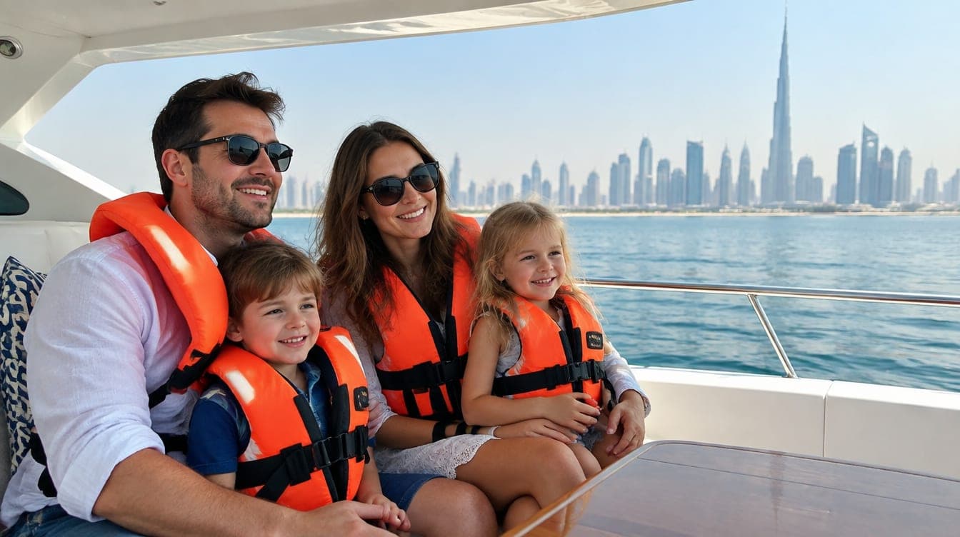 A family with young children in life jackets on the shaded deck of a yacht off Dubai