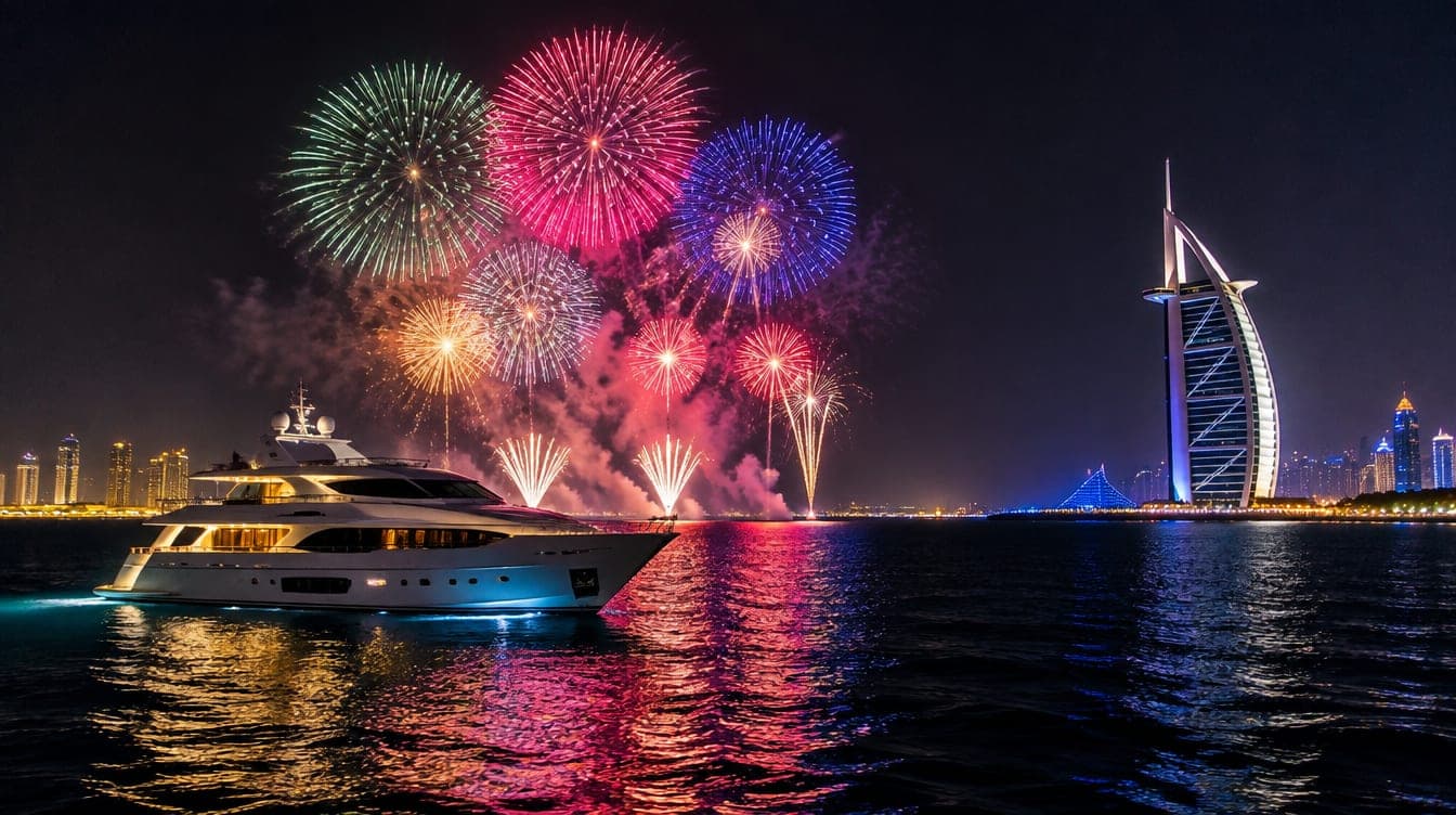 Fireworks bursting over the water and a lit yacht off the Dubai coastline at night