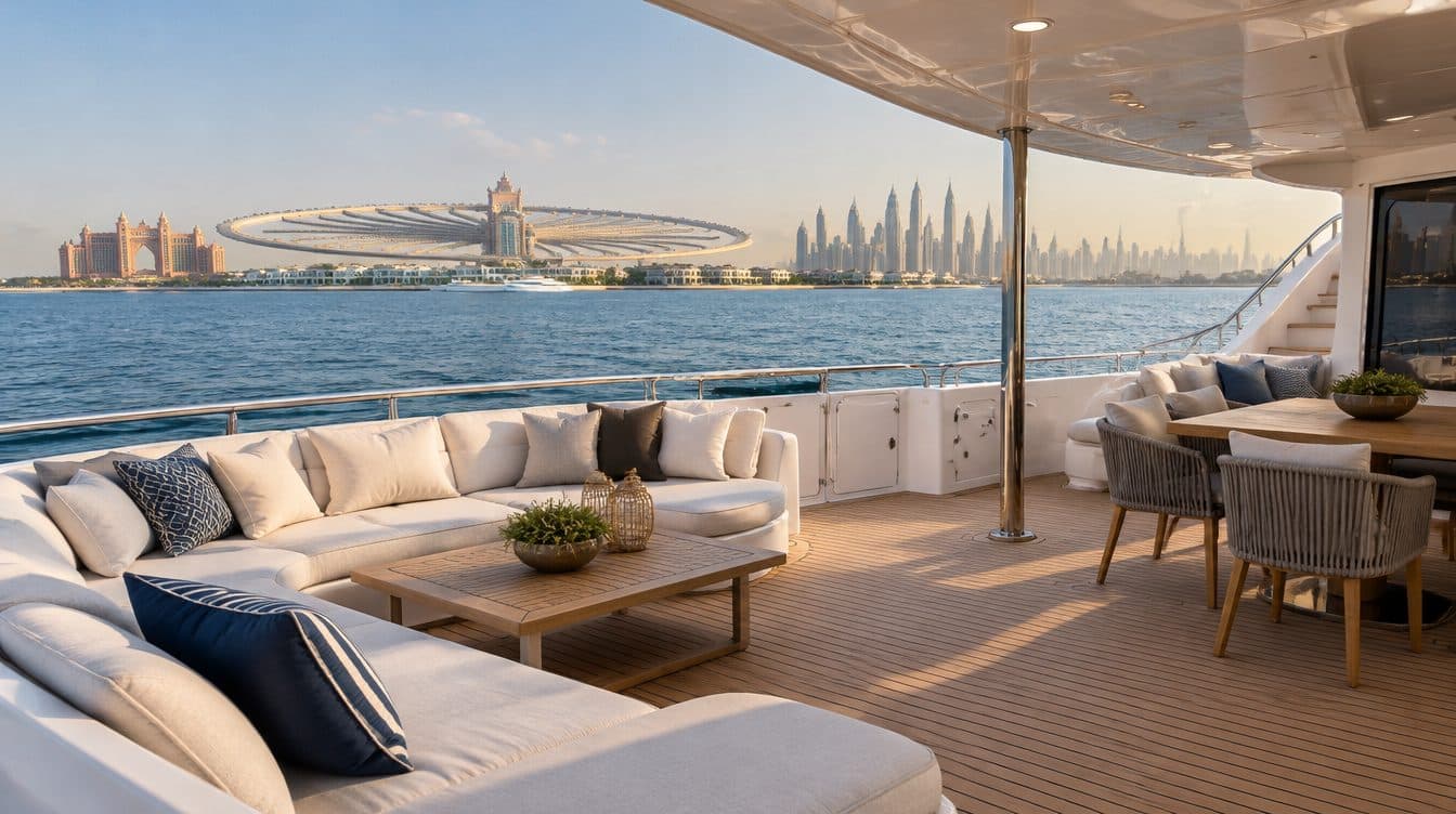 Gäste entspannen an Deck einer gecharterten Yacht, die an der Skyline von Dubai vorbeifährt