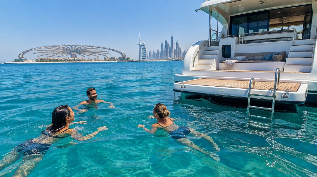 Guests swimming in clear turquoise water beside an anchored yacht off the Palm