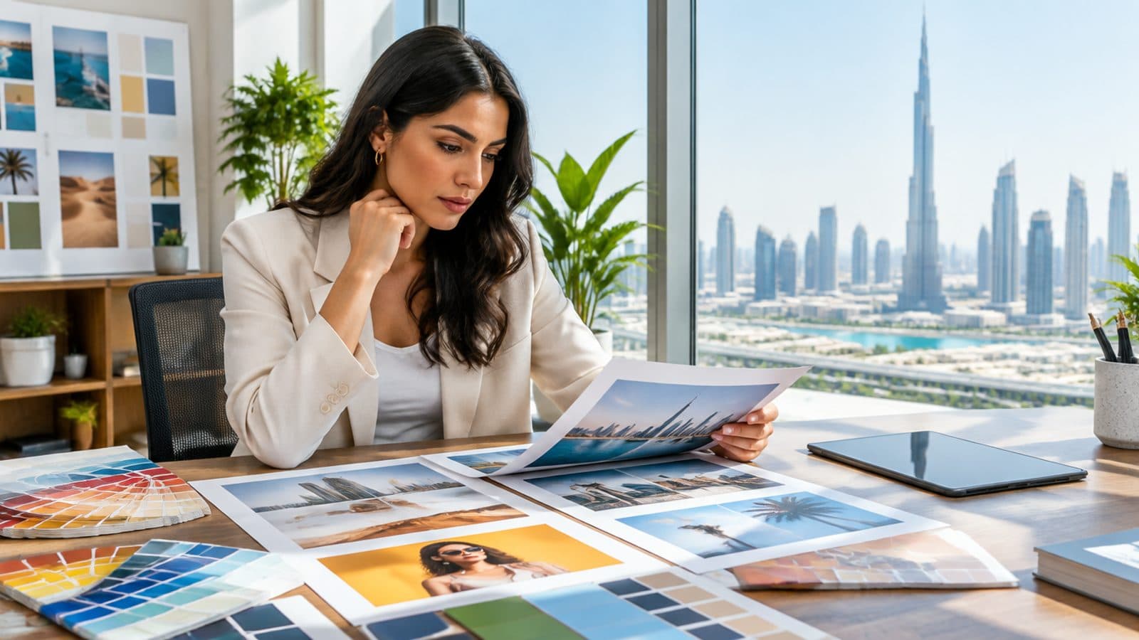 A marketing professional reviewing campaign layouts in a Dubai studio
