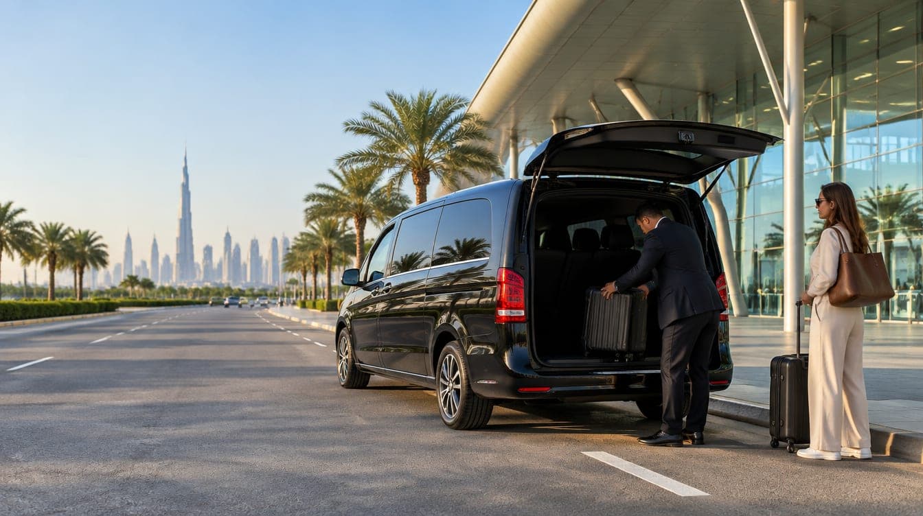 Ein Chauffeur verstaut vor einem Flughafenterminal in Dubai Gepäck in einem schwarzen Van