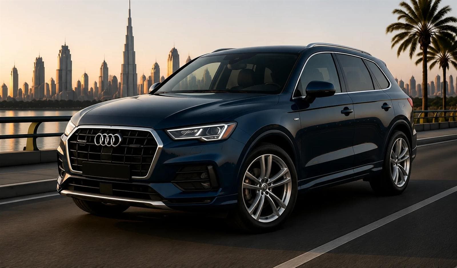 Arka planda şehir silueti görünen Dubai otoyolunda Audi Q7