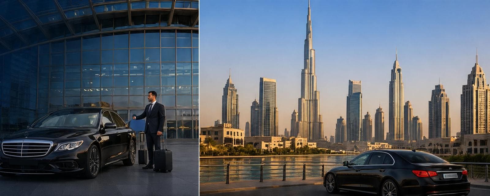 سائق خاص يحمّل الأمتعة في مطار دبي بجانب سيارة سيدان على الماء وخلفها برج خليفة وداون تاون دبي