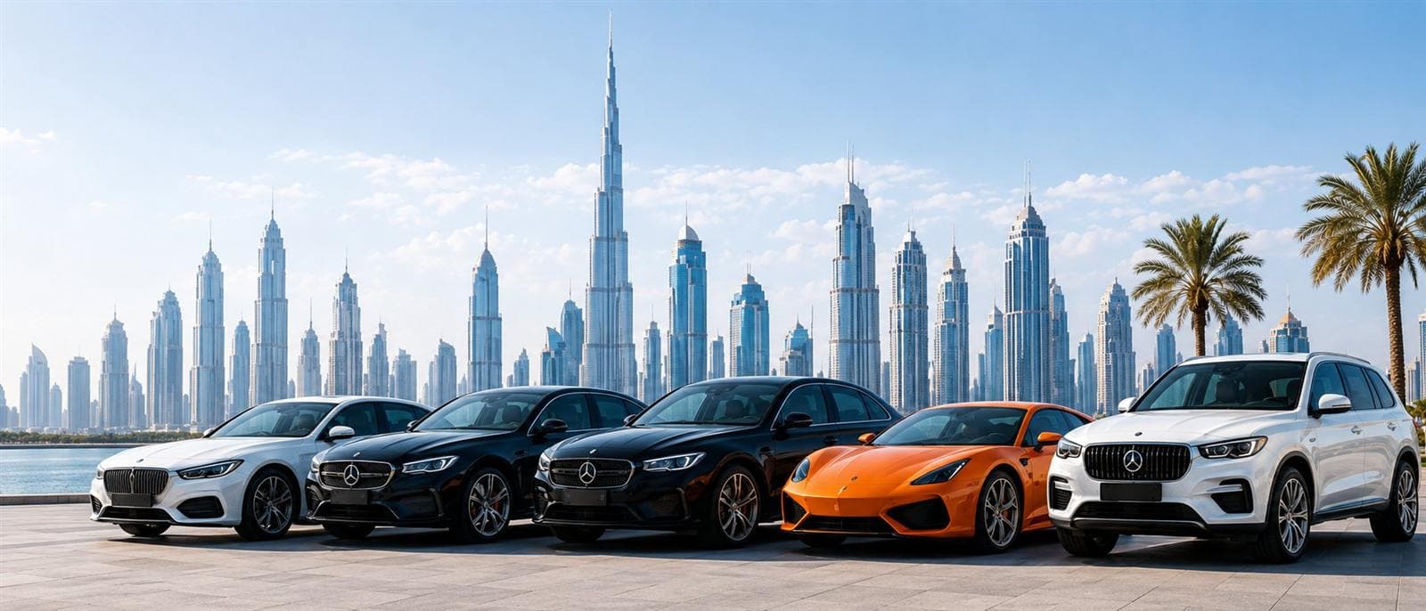 Rental cars of every brand lined up against the Dubai skyline