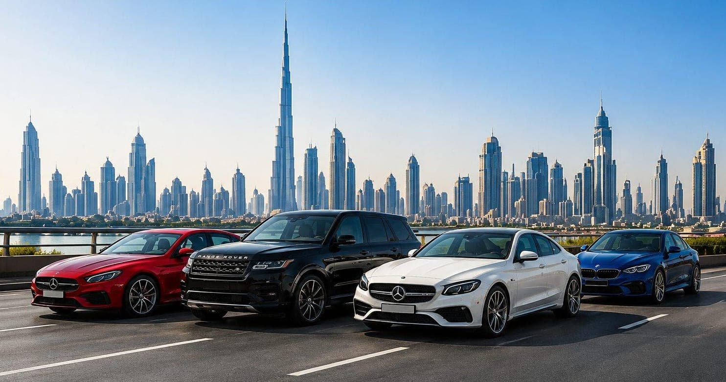 Rental cars parked in a row beside the water with the Dubai skyline and Burj Khalifa behind