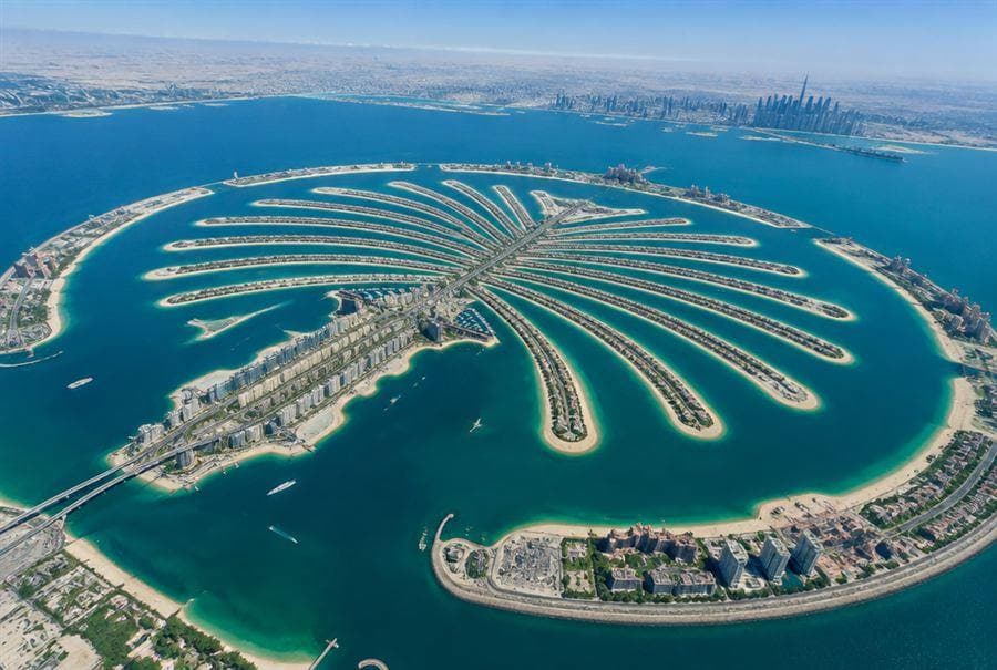 Aerial view of Palm Jumeirah, Dubai, with the trunk, fronds and crescent