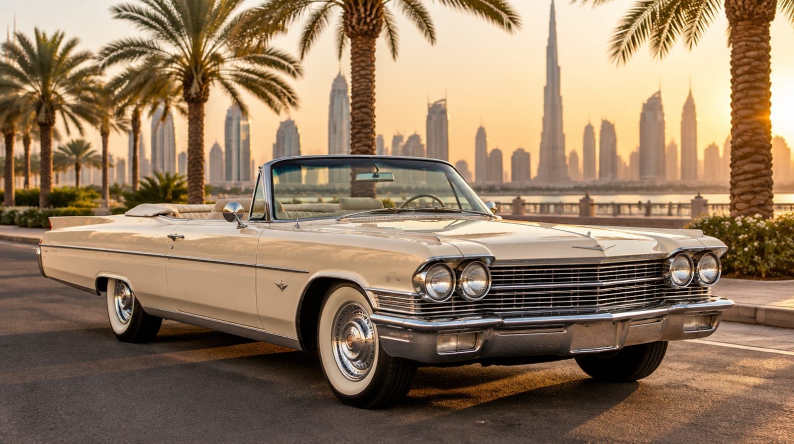 A gleaming vintage convertible parked on a Dubai street in golden light