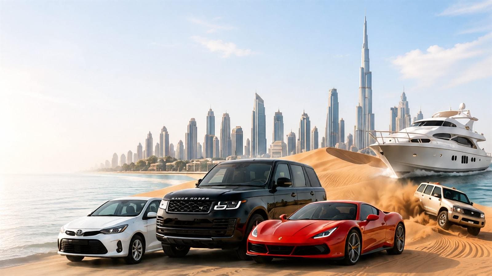 Rental cars, a desert safari four-wheel drive and a charter yacht against the Dubai skyline