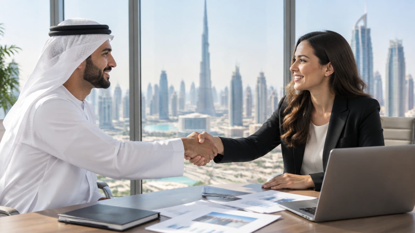 Deux professionnels qui se serrent la main de part et d'autre d'une table dans un bureau à Dubai