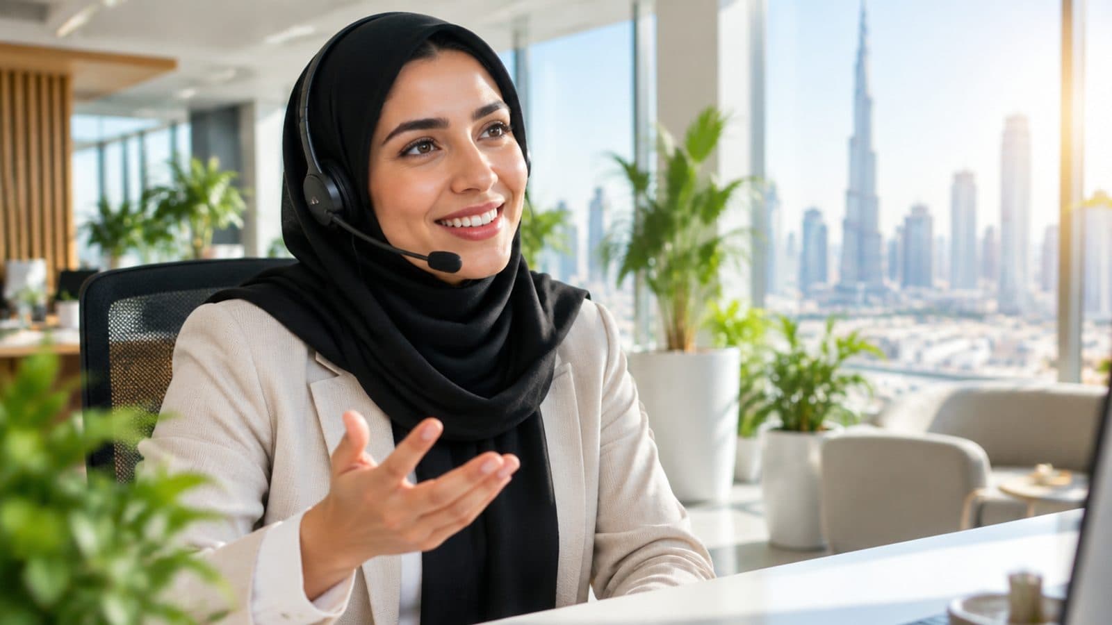 Dubai'deki bir ofiste bir gezginle konuşan TripReview destek uzmanı