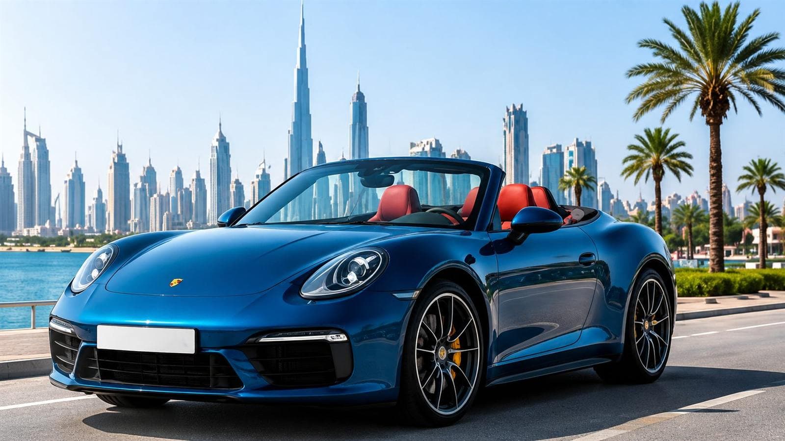 A convertible with the roof down on a Dubai coastal road