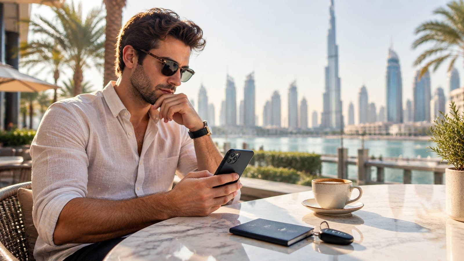 Güneşli bir Dubai kafesinde telefonundan kiralama ayrıntılarını kontrol eden bir gezgin