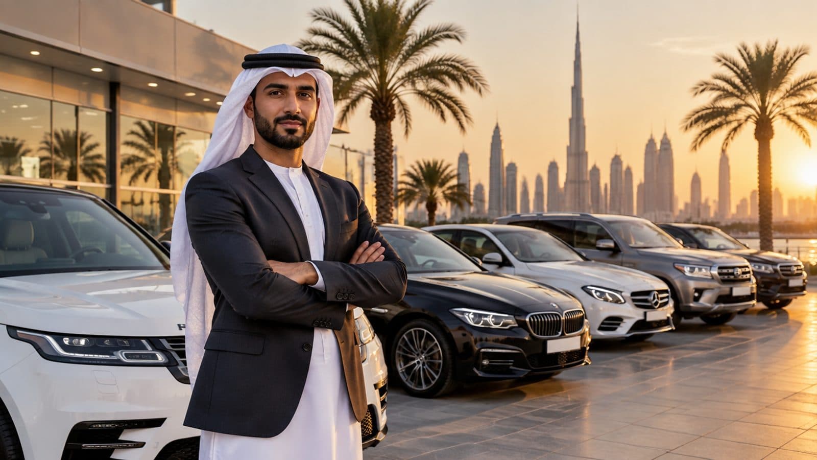 A UAE rental company owner in front of a fleet on a Dubai forecourt at golden hour