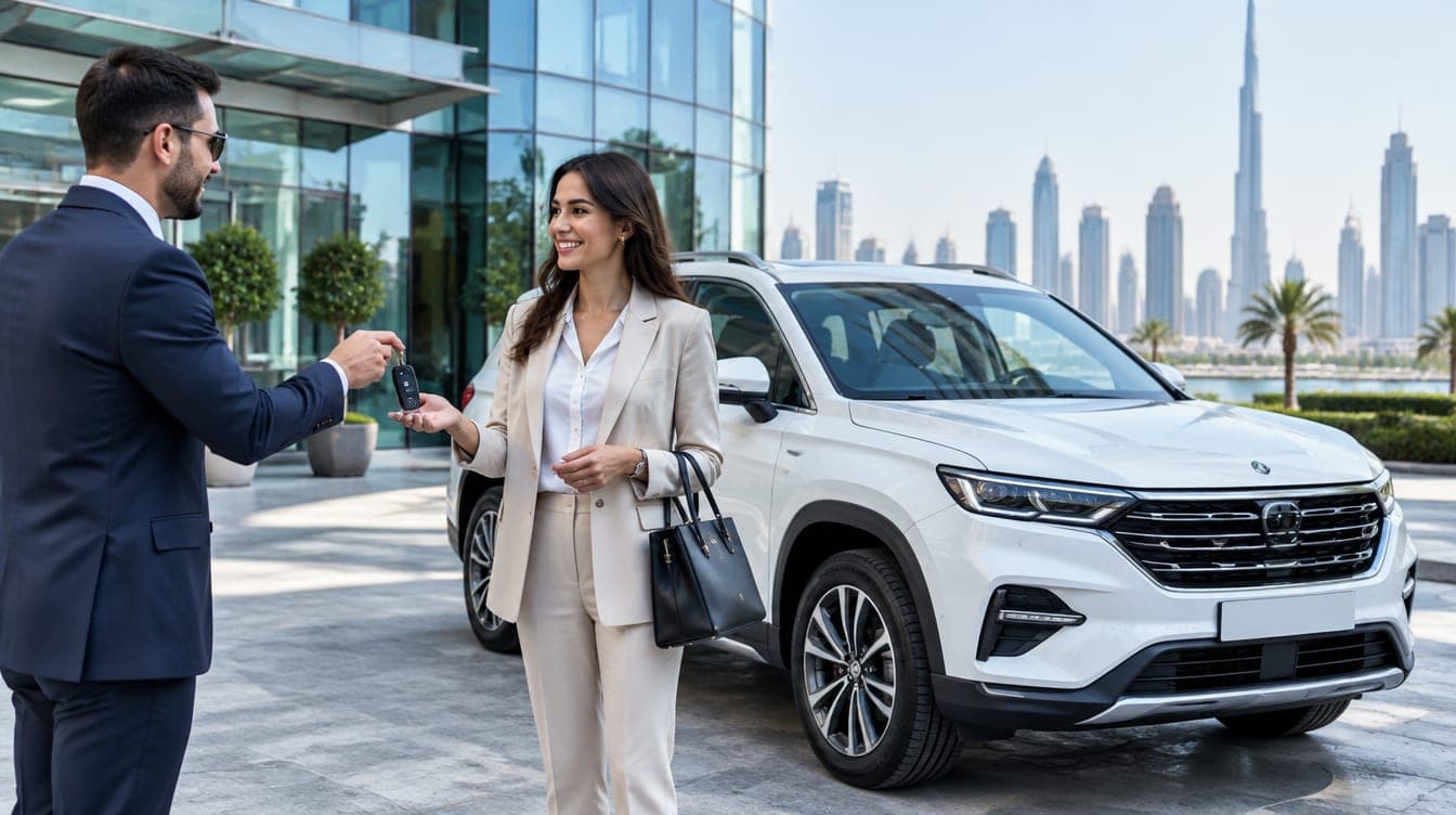 رجل أعمال يستلم مفاتيح سيارة مستأجرة بعقد إيجار أمام مكتب في دبي