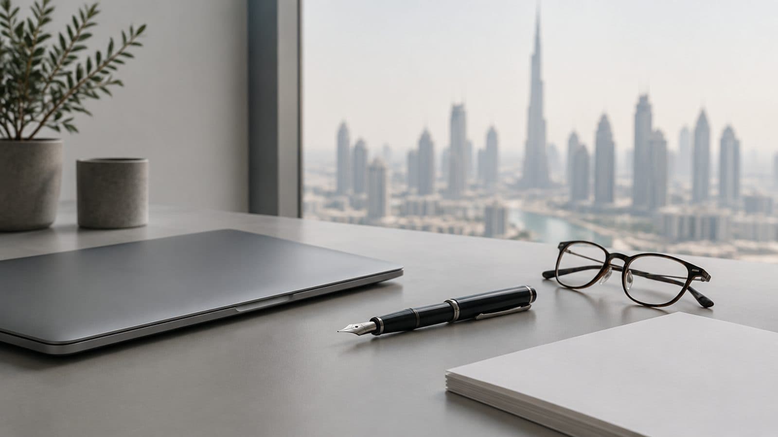 Un bureau bien rangé avec un appareil photo, une photo imprimée et un ordinateur portable, des tours de Dubai légèrement floues derrière la fenêtre