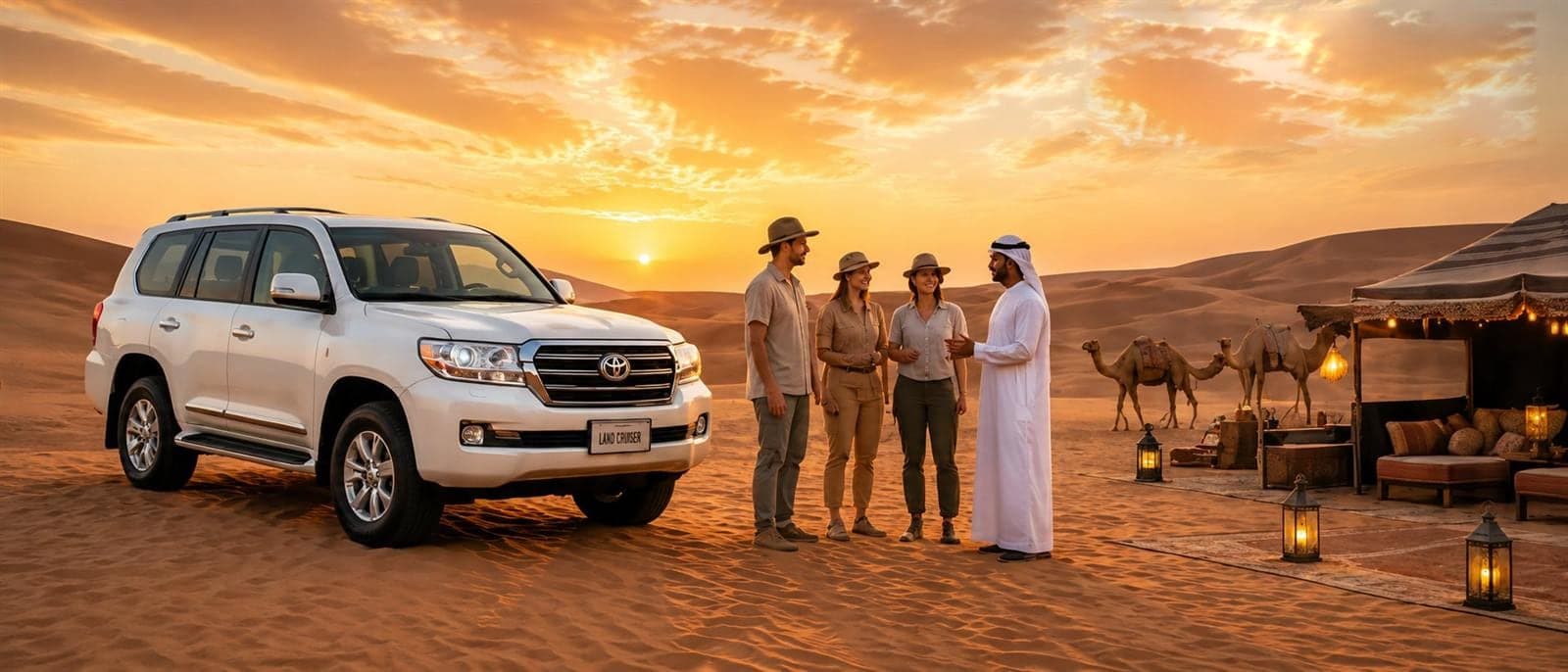ضيوف سفاري بجانب سيارة 4x4 في مخيم صحراوي بدبي مع جمال وفوانيس عند الغروب