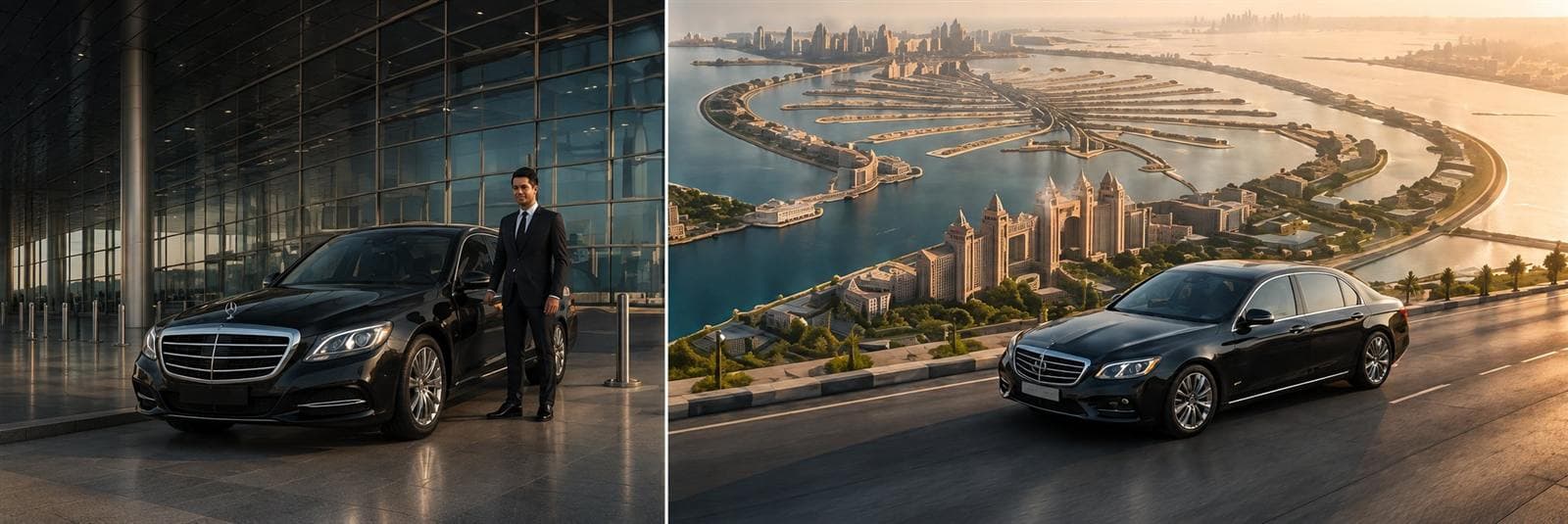 A car driving along a Dubai road towards the Palm