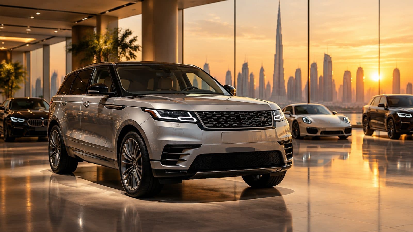 A premium rental car spotlit in a Dubai showroom at golden hour