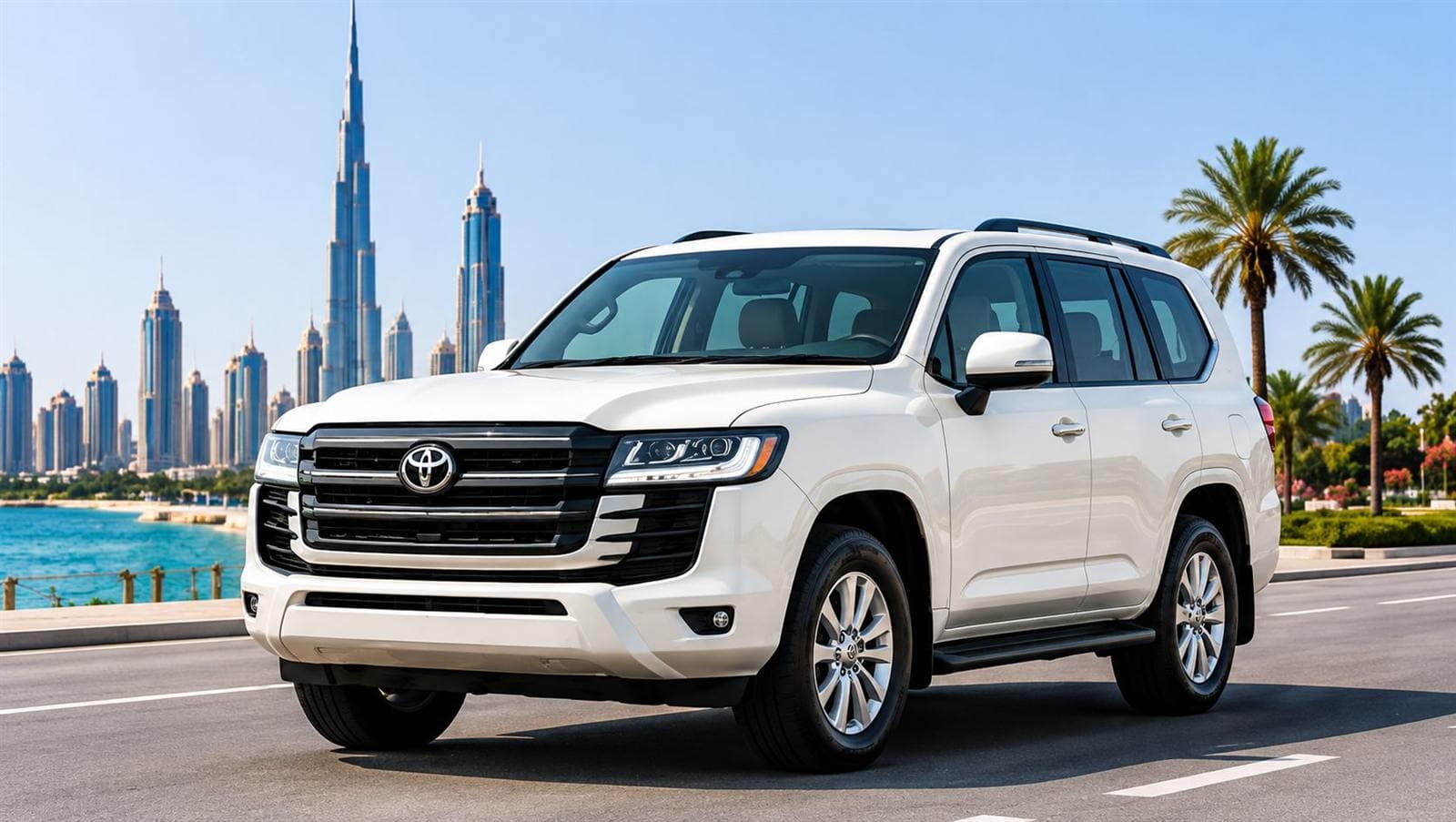 A white SUV parked by the water with the Dubai skyline and Burj Khalifa behind