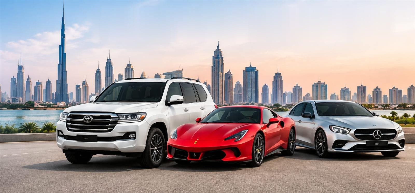 A white SUV, a red sports car and a silver saloon parked by the water with the Dubai skyline behind
