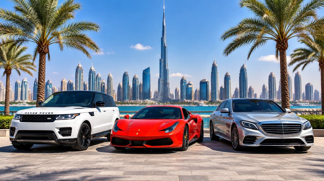 A white SUV, a red sports car and a silver saloon parked by the water with the Dubai skyline behind