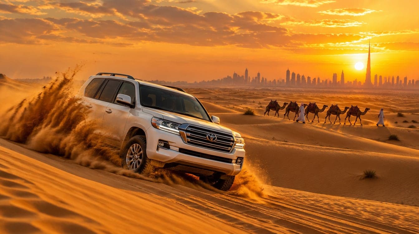 Four-wheel drives crossing the dunes outside Dubai at sunset