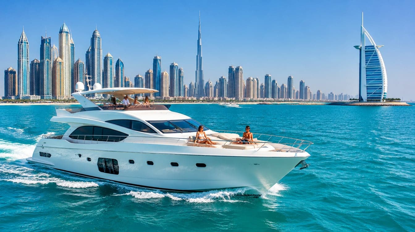 A charter yacht leaving Dubai Marina past the skyline