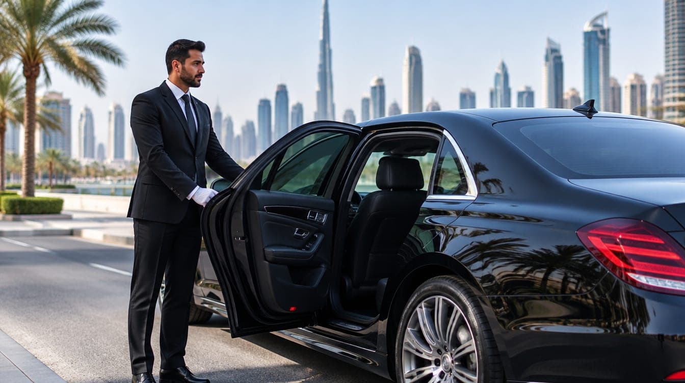 Un chauffeur tenant la portière d'une voiture de luxe noire dans une rue de Dubai