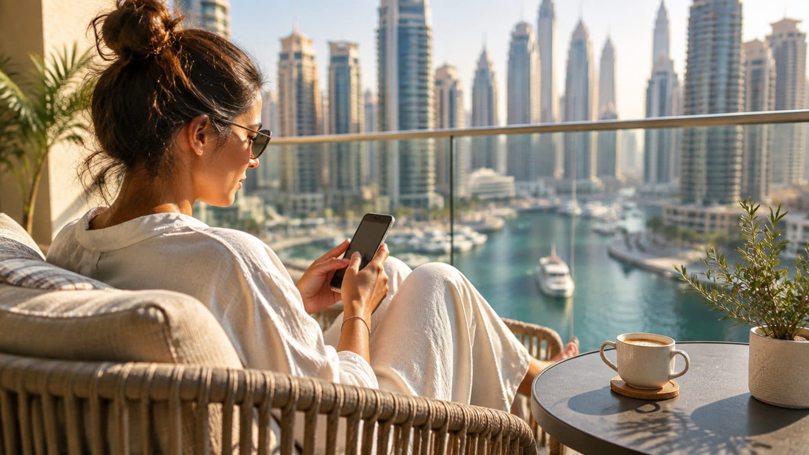 Путешественник пишет отзыв в телефоне на балконе в Dubai Marina