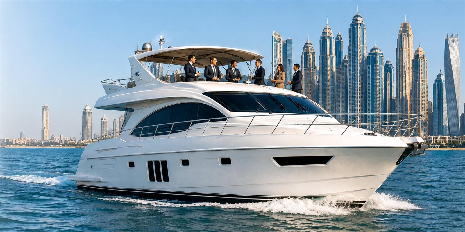 Guests in business dress on the upper deck of a large yacht near Dubai Marina